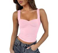 ROFUSSO Summer Women's Y2K Sleeveless Crop Tank Top Basic Cami Top Backless Spaghetti Strap Top Sexy Pleated Bustier Sweetheart Neckline Vest Tops Pink