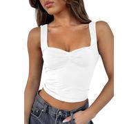 ROFUSSO Summer Women's Y2K Sleeveless Crop Tank Top Basic Cami Top Backless Spaghetti Strap Top Sexy Pleated Bustier Sweetheart Neckline Vest Tops White