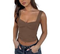 ROFUSSO Summer Women's Y2K Sleeveless Crop Tank Top Basic Cami Top Backless Spaghetti Strap Top Sexy Pleated Bustier Sweetheart Neckline Vest Tops Brown