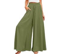 ROFUSSO Women Wide Leg Pants with Pockets Ladies High Waist Adjustable Tie Knot Flowy Trousers Loose Casual Lounge Palazzo Pants Military Green