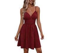 ROFUSSO Women's Summer Sundress V Neck Spaghetti Strap Dress A-Line Beach Mini Dress Club Party Short Dresses(Red,S)