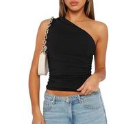 ROFUSSO Women's Summer Tank Top Sexy Asymmetric Sleeveless Top Y2K Slim Tight Shirts One Shoulder Crop Tops Trendy Basic Solid Cami Top Black