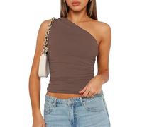 ROFUSSO Women's Summer Tank Top Sexy Asymmetric Sleeveless Top Y2K Slim Tight Shirts One Shoulder Crop Tops Trendy Basic Solid Cami Top Brown