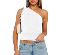 ROFUSSO Women's Summer Tank Top Sexy Asymmetric Sleeveless Top Y2K Slim Tight Shirts One Shoulder Crop Tops Trendy Basic Solid Cami Top White