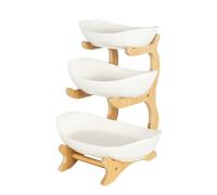 Rogowsen 3 Tier Ceramic Fruit Bowl, Fruit Bowl Stand with Bamboo Stand, Vegetable Storage with Bamboo, for Kitchen, Party, Restaurant