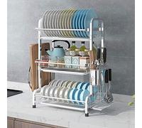 ROHCGHC Kitchen draining rack, 3-Tier Dish Drainer with Drip Tray, Spice Rack Stainless Steel Drain Storage Kitchen Organizer Shelf with Board, Utensils Holder/Silver(Silver)