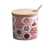 ROHCGHC Seasoning Pot, Spices Jars,Chinese Style Sugar Bowl with Lid and Spoon,11OZ Porcelain Sugar Storage Jar,Scarlet Letter Ceramic Sugar Pot,Kitchen Decoration-3 Set of Pot