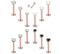 Roheafer 12Pcs 16G Helix Tragus Piercing for Women Gold/Rose Gold/Silver/Black Surgical Steel Industrial Piercing Clear Nose Stud Cubic Zirconia Opal Flat Back Earrings Jewellery Set 2/3/4MM