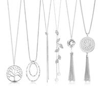 Roheafer 6Pcs Long Necklaces for Women Tassel Pendant Necklace Circle Knot Bar Feather Leaf Sweater Necklace Statement Necklace for Women
