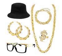 Roheafer 80s 90s Accessories Outfit for Women Men Hip Hop Costume Kit Statement Fake Gold Chain Bamboo Hoop Earring, Old School Rapper DJ Halloween Party Hat Sunglasses Earrings Chain Bracelet Ring