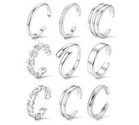 Roheafer 9Pcs 14K Gold Filled Toe Rings for Women Adjustable Hypoallergenic Open Band CZ Hug Daisy Triple Non Tarnish Toe Ring Set Summer Beach Foot Jewellery Silver Plated