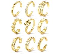 Roheafer 9Pcs 14K Gold Filled Toe Rings for Women Adjustable Hypoallergenic Open Band CZ Hug Daisy Triple Non Tarnish Toe Ring Set Summer Beach Foot Jewellery
