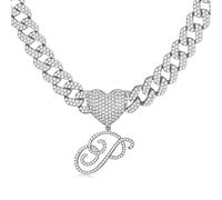 Roheafer Cursive Silver Initial Pendant Necklace for Women Iced Out Cuban Link Chain for Women 18K Gold Plated Alphabet Letter Pendant Choker Hip Hop Chain Trendy Dainty Rapper Jewelry Gift(P)