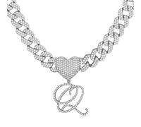 Roheafer Cursive Silver Initial Pendant Necklace for Women Iced Out Cuban Link Chain for Women 18K Gold Plated Alphabet Letter Pendant Choker Hip Hop Chain Trendy Dainty Rapper Jewelry Gift(Q)