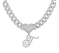 Roheafer Cursive Silver Initial Pendant Necklace for Women Iced Out Cuban Link Chain for Women 18K Gold Plated Alphabet Letter Pendant Choker Hip Hop Chain Trendy Dainty Rapper Jewelry Gift(T)