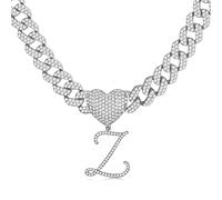 Roheafer Cursive Silver Initial Pendant Necklace for Women Iced Out Cuban Link Chain for Women 18K Gold Plated Alphabet Letter Pendant Choker Hip Hop Chain Trendy Dainty Rapper Jewelry Gift(Z)