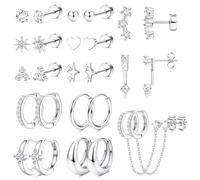 Roheafer Flat Back Earrings Hypoallergenic Surgical Steel Earrings for Women Cartilage Chain Hoop Earring Studs Silver Star Heart CZ Flatback Stud Earring Sets for Multiple Piercing