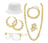 Roheafer Hip Hop Costume Kit 80s 90s Jewelry Outfit Halloween Rapper Accessories for Women Men Old School Rapper Jewelry(White Hat)