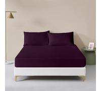 Rohi® Polycotton Rich Plain Dye 16" Extra Deep Pocket Fitted Sheet Set - Soft & Durable Double Sheet Fitted with Two Matching Pillowcases (Double Fitted Sheet and Pillowcase Set, Plum)