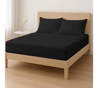 Rohi Single Fitted Sheet Set - 25cm Deep with Elasticated Corners - Soft & Breathable Cotton Blend Fitted Sheet with Pillowcases - Shrink & Fade Resistant - Single Bed Sheet Set (Black, Single)