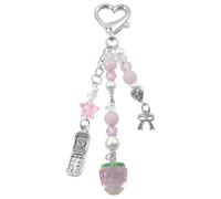 Rohxyzo Cute Strawberry Bow Keychain Beaded Keyring Bag Charms for Women, Purse Accessories and Gift Ideas for Car Keys (Pink Strawberry)