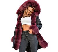 Roiii Women Thicken Warm Winter Coat Hood Down Parka Faux Fur Outdoor Overcoat Long Jacket Outwear, Black Wine, S