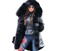 Roiii Women Thicken Warm Winter Coat Hood Down Parka Faux Fur Outdoor Overcoat Long Jacket Outwear, Grey Camo Black, M