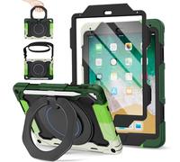 ROISKIN Case for iPad 6th/5th Generation 9.7 Inch 2017/2018 with Screen Protector: Heavy Duty Rugged Cover for iPad Air 2/ Pro 9.7 Kids Case Pencil Holder, Rotating Stand, Shoulder Strap, Black-Green