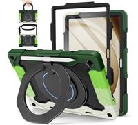 ROISKIN Case for Samsung Galaxy Tab A9 Plus 11 Inch 2023 with Screen Protector: Heavy Duty Shockproof Kid Case for Galaxy Tab A9+ SM-X210/X215/X216,Rotating Stand,Shoulder Strap,Pen Holder,Black-Green