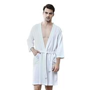 Rojeam Men's Kimono Waffle Robe Unisex Lightweight Soft Knee Length Spa Bathrobe Sleepwear with Pockets, White, S