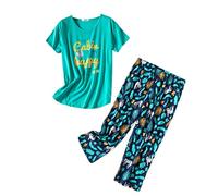 Rojeam Women's Casual Pajama Set Cotton Short Sleeve Shirts with Capri Pants Summer Sleepwear, Sloth Green, Size M