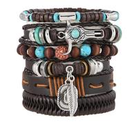 ROJEMXVE Leather Bracelet for Men Women 5 Pcs Gothic Punk Skull Star Metal Braided Cuff Bracelets Medieval Warp Adjustable Size (7" to 11") Grunge Rock Bangles Arm Jewelry Comfort Multilayer Wristband