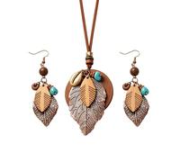 ROJEMXVE Wooden Leather Necklaces Set Bohemian Wood Stack Discs Long Chain Hemp Rope Bronze Plated Pendant Ethnic Tribal Fall Leaf Earrings Jewelry Statement Necklace, One Size, Metal Wood, No
