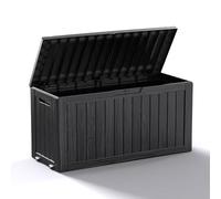 ROJIK Outdoor Storage Box with Wheels,75 Gallon Waterproof Resin Deck Box, Lockable Storage for Patio Cushions,Garden Tools,Pool Accessories,UV-Resistant Storage Bench for Backyard & Deck（Black）