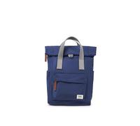 ROKA London Canfield B Small Sustainable Nylon Backpack Crisp Blue | Compact roll top backpack with wide zip opening, tablet storage, secret pocket, side pockets and adjustable shoulder straps