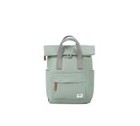 ROKA London Canfield B Small Sustainable Nylon Backpack Frost | Compact roll top backpack with wide zip opening, tablet storage, secret pocket, side pockets and adjustable shoulder straps