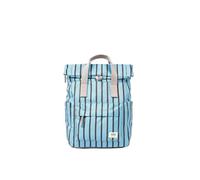 ROKA London Canfield Small Canvas Roll Top Backpack Blue Stripe | Roll top backpack with weather-resistant recycled canvas, wide zip opening, tablet storage and adjustable straps