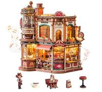 ROKR Dream Coffee Factory Mechanical Miniature House Kit for Adults EAB02 | Moving Coffee Factory Parts LED Lights Jazz Music Interactive Scene Coffee Shop Display DIY Gift for Adults