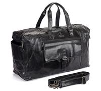 Rolando Pelayo Handcrafted & Engraved Original Indian Brand Genuine Real Leather Fixed Handle Carry On Travel Duffle 22 Inch Cabin Luggage Detachable Strap Overnight Weekend Unisex Bag, Glossy Black