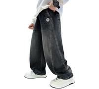 Rolanko Boys Baggy Jeans Elasticated Waist Cargo Wide Leg Skater Jeans with Multipockets Vintage Streetwear Denim Pants for Kids, Raw Denim, 130, 6-7 Years