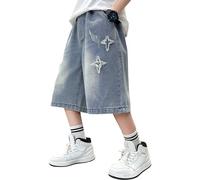 Rolanko Boys Baggy Jeans Shorts, Elastic Waist Pull on Wide Leg Knee Length Summer Denim Shorts for Tween Kids, Blue Star, 11-12 Years, 160