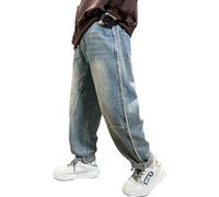 Rolanko Boys Ripped Elasticated Waist Jeans, Tapered Leg Design Retro Denim Pants with Pockets for Kid Fit, Blue RawEdges, 130, 6-7 Years