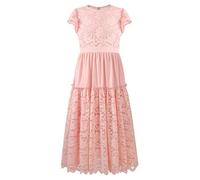 Rolanko Flower Girls Lace Dress First Holy Communion Prom Party Wedding Ruffle Sleeve Princess Long Maxi Dresses, Pink, 5-6 Years, 120