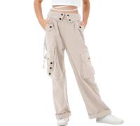 Rolanko Girls Baggy Cargo Trousers, Elastic High Rise Waist with Multi Pockets Wide Leg Cargos Pants for Kids, Apricot, Size: 170/13-15 Years