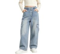 Rolanko Girls Baggy Jeans Wide Leg Elasticated Waist Cargo Denim Trousers, Light Cargo, Size: 150