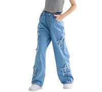 Rolanko Girls Baggy Jeans Wide Leg Elasticated Waist Patchwork Denim Pants, Retro Blue, Size: 170
