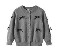 Rolanko Girls Cardigans, Cotton Long Sleeve Button Down Basic Schoolwear, Crew Neck Knit Sweater, Grey Bow, Size: 120, 5-6 Years