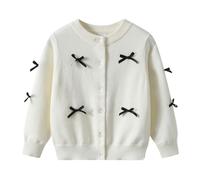 Rolanko Girls Cardigans, Cotton Long Sleeve Button Down Basic Schoolwear, Crew Neck Knit Sweater, White Bow, Size: 120, 5-6 Years