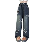 Rolanko Girls Jeans Bootcut Ripped Elasticated Waist Retro Style Denim Pants for Kids Fit, BlueHairyHeart, Size: 8-9 Years/140