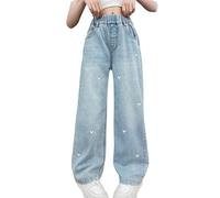 Rolanko Girls Jeans Bootcut Ripped Elasticated Waist Retro Style Denim Pants for Kids Fit, Heart Embroidery, Size: 10-11 Years/150